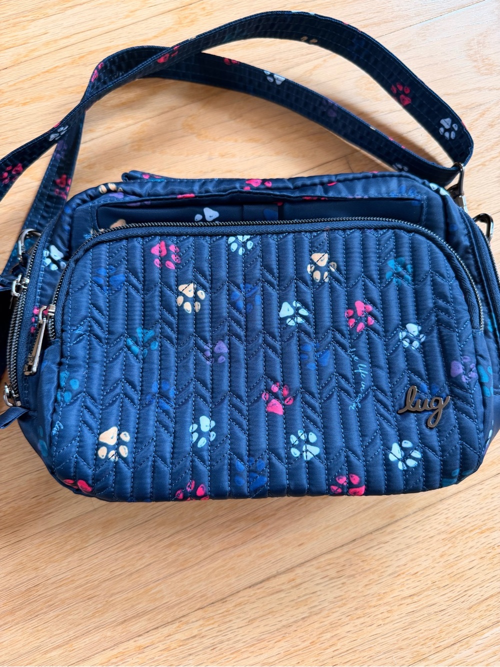 lug Navy Quilted Crossbody with Multicolor Paw Prints
